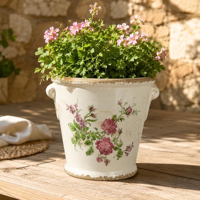 Dosayes Vintage Ceramic Flower Pot with Drainage Holes and Handle,Ice Crack Country Rustic Planters for Indoor Outdoor,Tuscan Decor,Home and Garden Decor,Gardening Present