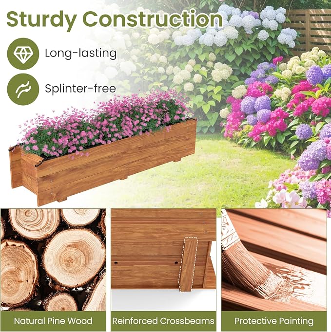 Giantex Wood Raised Garden Bed,Rectangular Planter Box w/Drainage Hole, Removable Liner for Growing Vegetable Flower Herb, Indoor Outdoor Plant Container for Backyard Deck Balcony, 44"x11"x10"