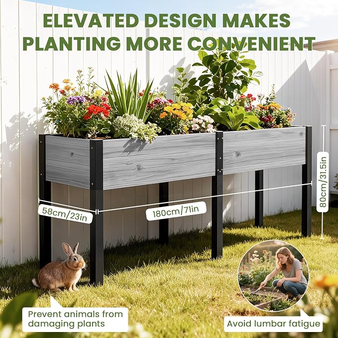 SUNYRISY Dual Wooden Raised Garden Bed Outdoor with Metal Legs for Gardening, 71" L x 23.6" W x 31.5" Elevated Planter Garden Box Raised Bed for Vegetable Flower Herb, Gray