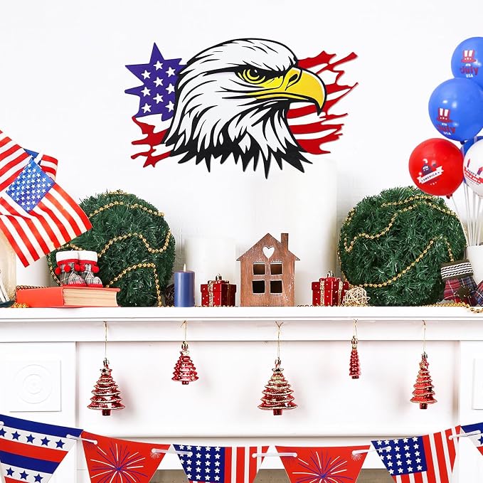 4th of July Independence Day Decor Bald Eagle Metal Wall Art, American Flag Bald Eagle Hanging Sign, Patriotic Decoration for Home Office Living Room Indoor Outdoor(13x7.9 in)