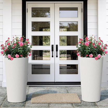 24" H Tall Planters for Outdoor Plants, 2 Pack Large Outdoor Planters for Front Porch Decor with Drainage Hole, Plastic Striped Flower Pots Fits Indoor Plants Patio Garden, Black