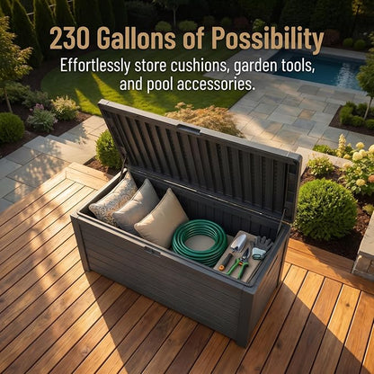 230 Gallon Deck Box, Waterproof Resin Outdoor Storage Box Lockable for Patio Furniture, Fade Resistant Patio Side Table & Organizer for Garden Tools, Pool Float, Outdoor Cushions, Light Coffee
