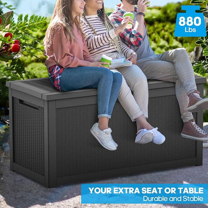 Outdoor Storage Box, 320 Gallon Lockable Resin Deck Box Large Waterproof, Patio Storage Bin for Furniture Cushion, Garden Tools and Pool Accessories, UV-Resistant Bench for Outside, Black