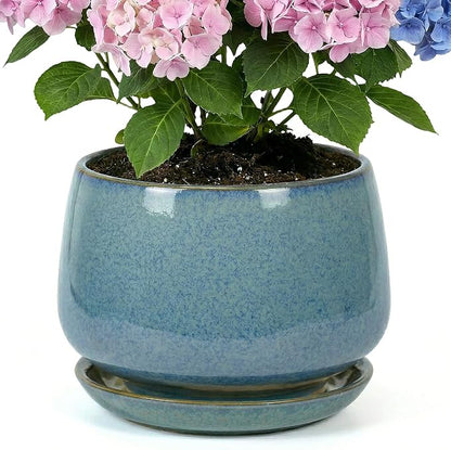 10.3 Inch Flower pots for Indoor Outdoor Plants with Saucer Drainage Leak-Proof Mesh, Ceramic Planter with Gardening Gloves for Succulent and Flower(Crackled Blue)