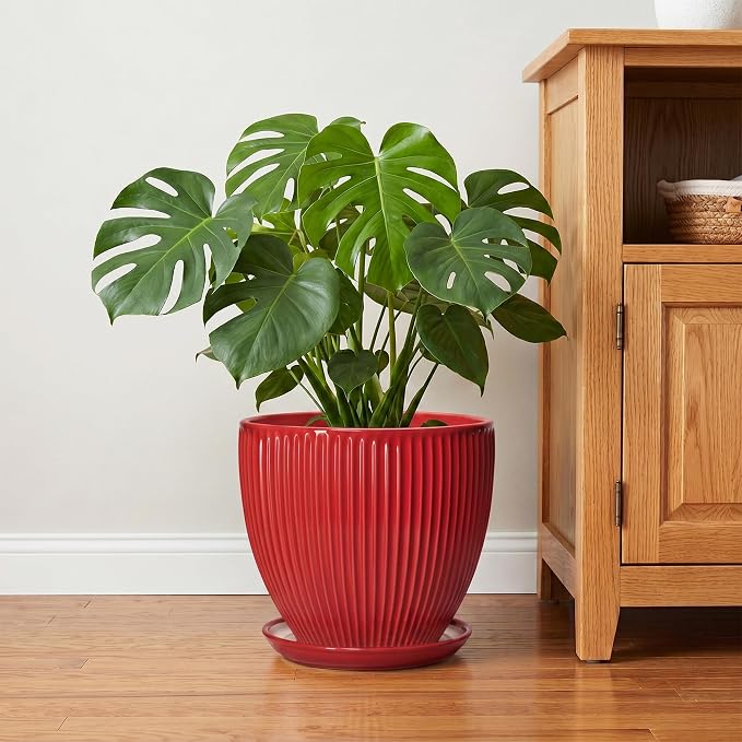 10 Inch Plant Pot, Ceramic Planters for Indoor Plants, Decorative Plant Pots with Drainage Hole and Saucer, Modern Round Large Planter, Office Apartment Decor, House Warming Gifts, Red