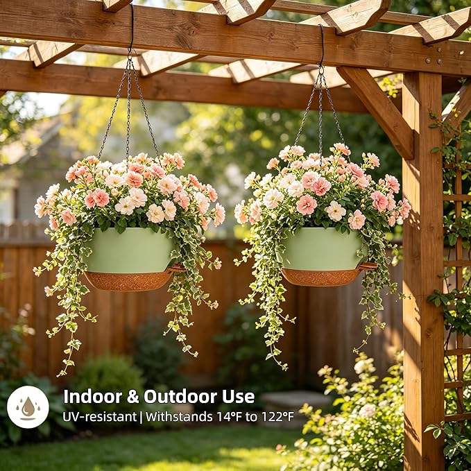2 Pack 10 Inch Self Watering Hanging Planters for Indoor Plants, Large Green Brown Plastic Hanging Pots with Chains for Outdoor Patio Garden Home Decor (Green Brown)