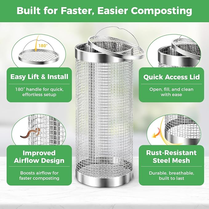 2 Pack Worm Composter Worm Bin, Stainless Steel Inground Compost Bin with Handle, Metal Worm Composting System for Kitchen Food Waste Recycling, Outdoor Garden Vermicomposting Bin w/Lid, Easy Install