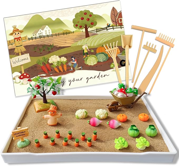 Zen Garden for Desk, Vegetable Sand Tray Kit with Miniatures | Create and rearrange a miniature harvest scene with fine sand, garden figures, tools, and mushroom tic-tac-toe pieces