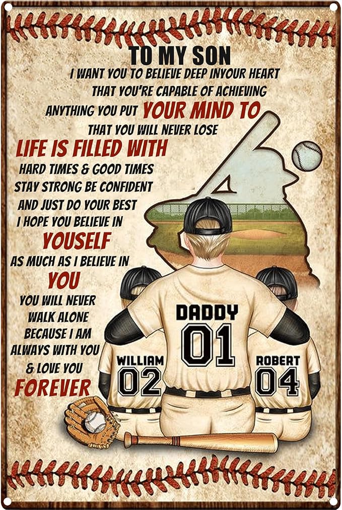 Vintage Tin Signs Motivational Wall Decor-To Son Teen Boy Room Baseball Decor Gifts,Sports Posters for Boys Bedroom 8x12 Inch