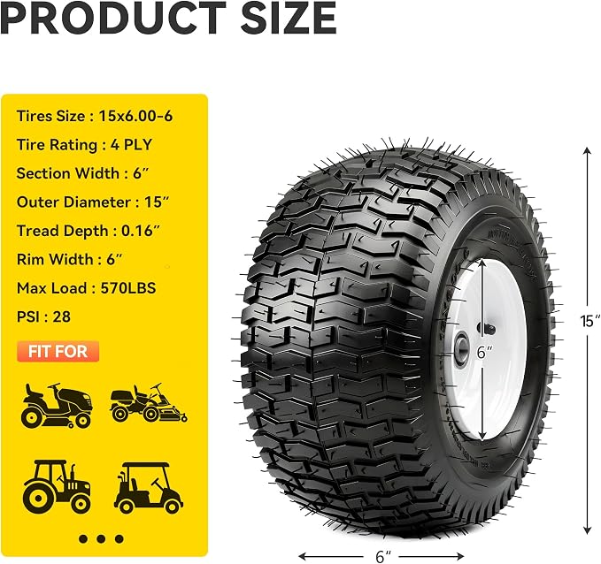 YITAMOTOR 15x6.00-6 Lawn Mower Tires & Wheel Assemblies, 4 Ply Pneumatic Front Tires Replacement Fits John Deere, Lawn Tractors, More Riding Mowers | 3" Centered Hub, 3/4" Bearings, 570LBS (Set of 2)