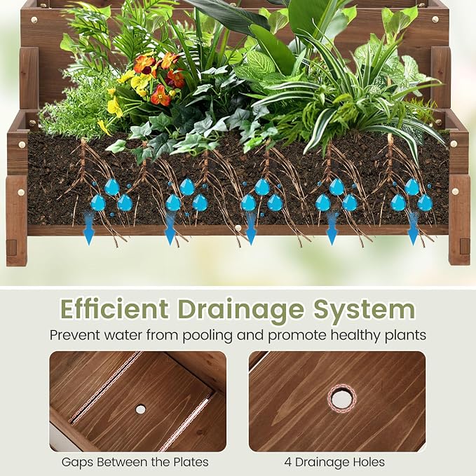 2-Tier Raised Garden Bed with Trellis, Wooden Elevated Planter Box with Legs, Hemp Rope & Drainage Holes, Raised Plant Bed for Backyard, Garden, Lawn