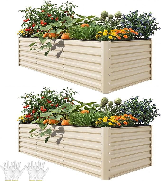 YITAHOME 2pcs 8x4x2ft Large Raised Garden Bed Kit, Galvanized Metal Planter Box with Gloves & Safety Rubber, Outdoor Above Ground Planters for Plants Vegetables Flowers, Cream Yellow