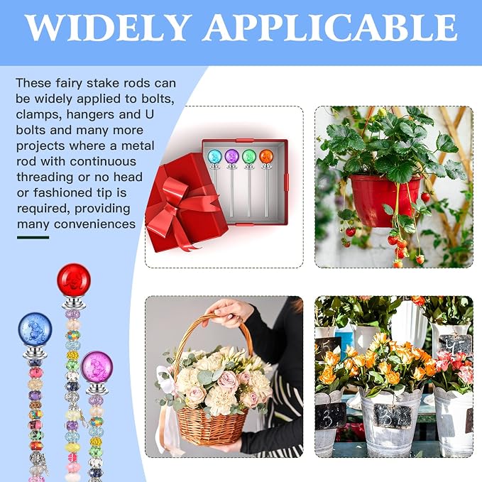 Therwen Pack of 8 DIY Mini Garden Beaded Stakes Wands Kit Include 8 Pcs Threaded Rods, 8 Pcs Hex Nuts and 8 Diamond Stopper Tops Outdoor (12 Inch, 8 Mixed Diamond Top Color)