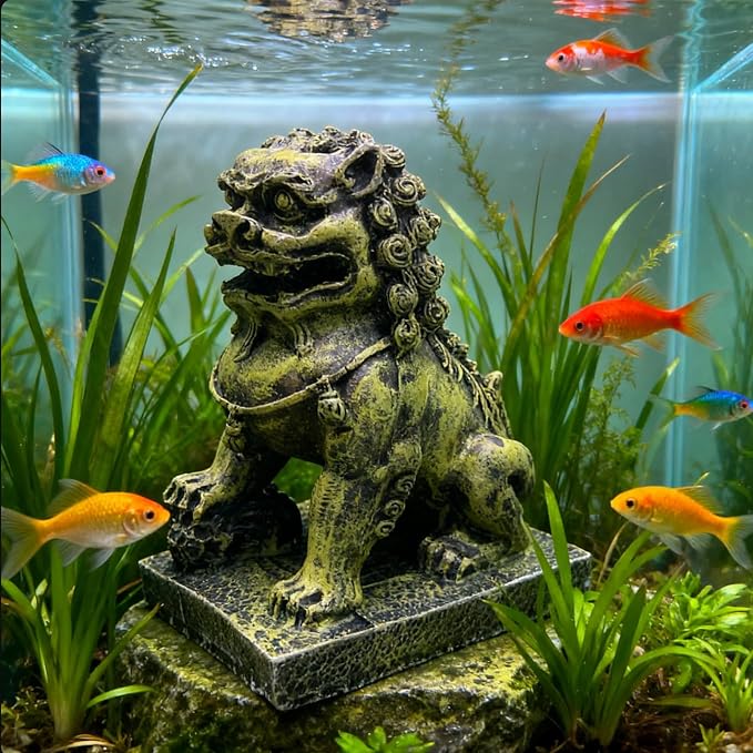 Fish Tank Decorations, Japanese Large Aquarium Decor Accessories with Foo Lions, Bearded Dragon Hideout, Reptile & Amphibian Habitat Hideouts(Yellow Lion)