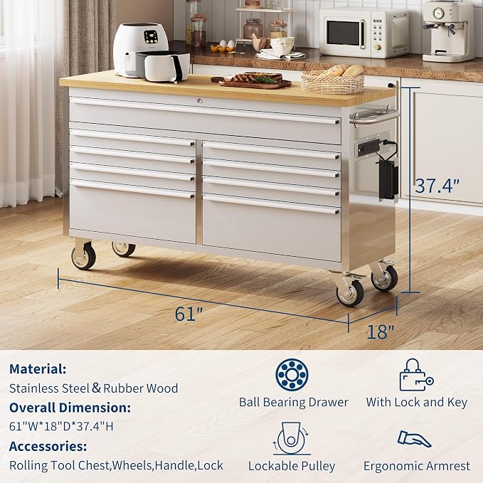 61 Inch Rolling Tool Chest, Garage Workbench with 9 Drawers, Solid Rubber Wood Top, Wheels Lock Key Locking System, Mobile Tool Cabinet Garage, Warehouse and Repair Shop