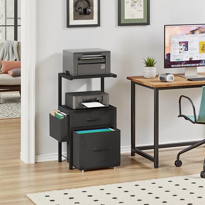 HIGDBFE 2-Drawer File Cabinet with Printer Stand & Dual Shelves, Black | 2-Tier Printer Storage, Letter File Drawer, Reversible Side Bag, Smooth Drawer Slides, Rolling Support Board