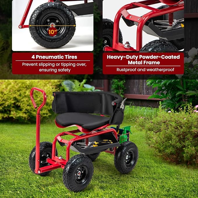 ERGOMASTER Rolling Garden Seat with Wheels, Adjustable 360° Swivel Workseat and Storage Basket, Extendable Handle, Outdoor Gardening Wagon Scooter, Red