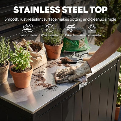 Feasto Outdoor Potting Bench Table with Storage Cabinet, Black | Stainless Steel Garden Workstation, Raised-Edge Top, Adjustable Shelf & Removable Hutch, Patio, Balcony & Outdoor Workspace