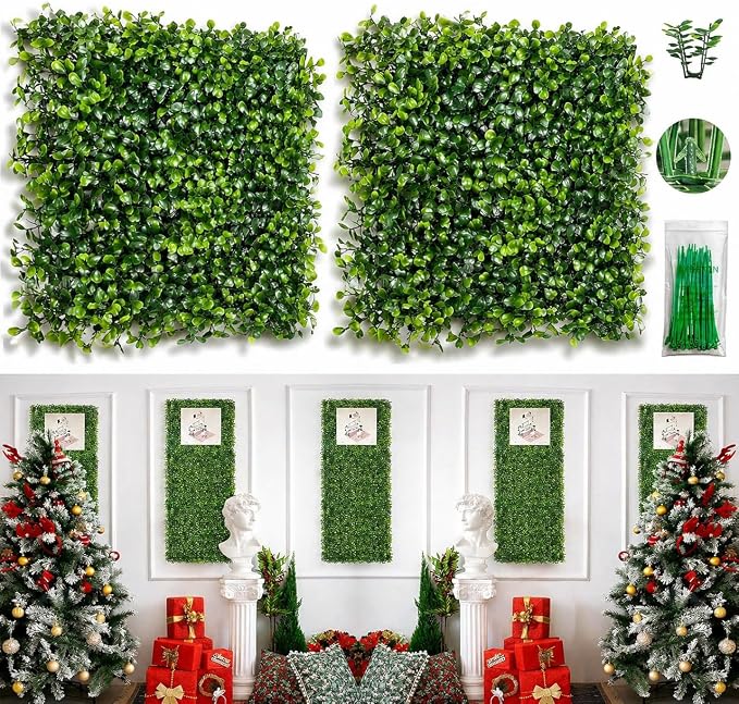 Bybeton Artificial Grass Wall Panel,10"x 10"(12Pcs) Boxwood Faux Green Wall Panels for Interior Wall, Backdrop Wall,Garden Wall and Indoor Outdoor Plant Wall Decor | 12pk Dense Grass Wall Panels. UV-Resistant. Easy DIY Snap-Lock. For Balcony, Fence, Ga...