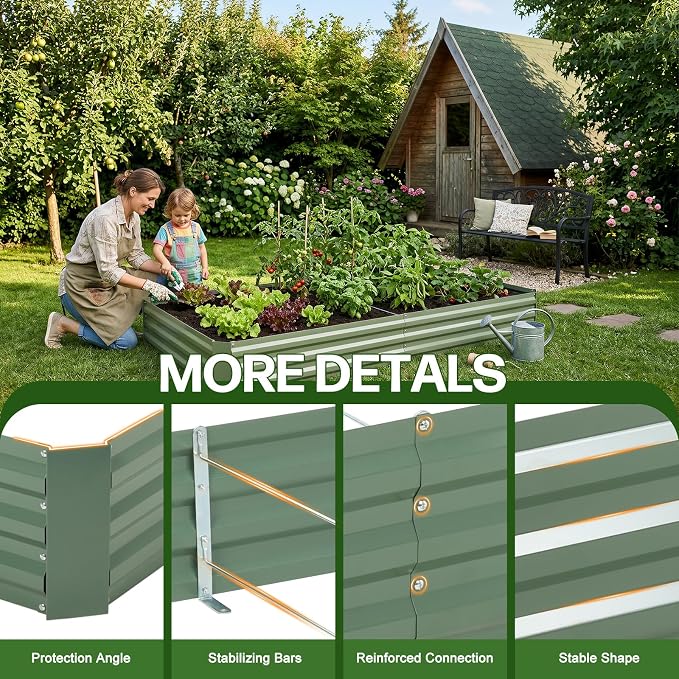 Aoodor 8 x 4 x 1 ft Outdoor Raised Garden Bed, Reinforced Galvanized Steel Planter Box for Vegetables, Herbs, and Flowers