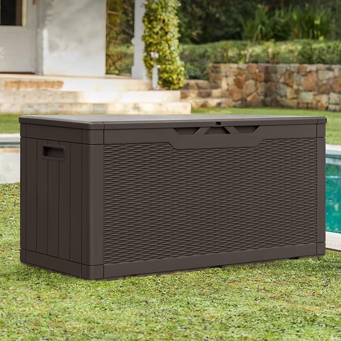 Greesum 100 Gallon Resin Patio Storage Box for Garden Tools, Outdoor Furniture Cushions, Pool Supplies, Dark Brown