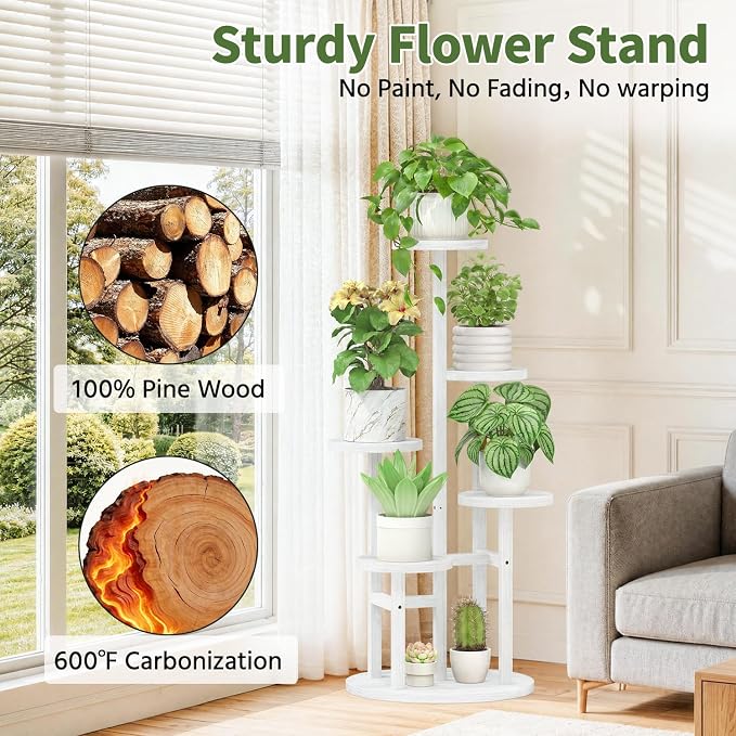 LASZOLA 5 Tiered Wood Plant Stand Indoor Corner, Flower Holder Rack Tall for Multiple Plants, Rustic Planter Shelf Display for Patio Garden Balcony Living Room， White