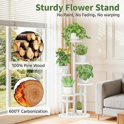 LASZOLA 5 Tiered Wood Plant Stand Indoor Corner, Flower Holder Rack Tall for Multiple Plants, Rustic Planter Shelf Display for Patio Garden Balcony Living Room， White