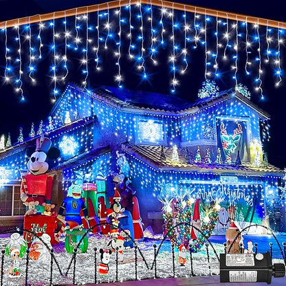 132ft Icicle Lights for Outside, Blue and White Christmas Lights Outdoor Indoor, 1280 LED Twinkle String Light with 240 Drops Curtain Light for Thanksgiving Room Home Wall Bedroom Window Decoration
