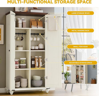 DWVO 4-Tier Storage Cabinet with 2 Shutter Doors, Farmhouse Kitchen Pantry Cabinet with Adjustable Shelves, Wooden Cabinet for Kitchen, Dining Room, Living Room, Office, Rustic White | 4-Tier Storage Cabinet with 2 Shutter Doors, Wooden Cabinet for Kit...