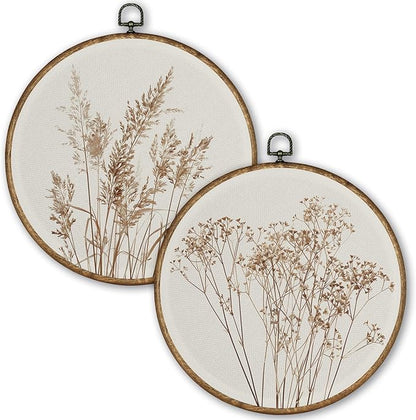 TLESKE Beige Rustic Fall Botanical Round Wall Art Decor Set of 2, Boho Autumn Wildflower Floral Framed Canvas Prints Wall Art Artwork, Neutral Vintage Wall Hanging Decor for Farmhouse Bedroom Living Room 10x10