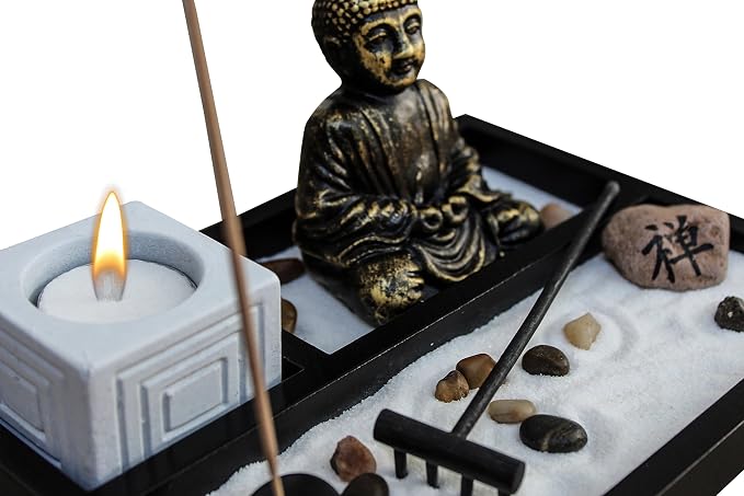 Basic Fundamentals Zen Garden Deluxe Desk Meditation Garden Buddha Statue with Tea Light Holder, Incense Holder, Incense, Rocks, Sand, and Rake (Candle Not Included)