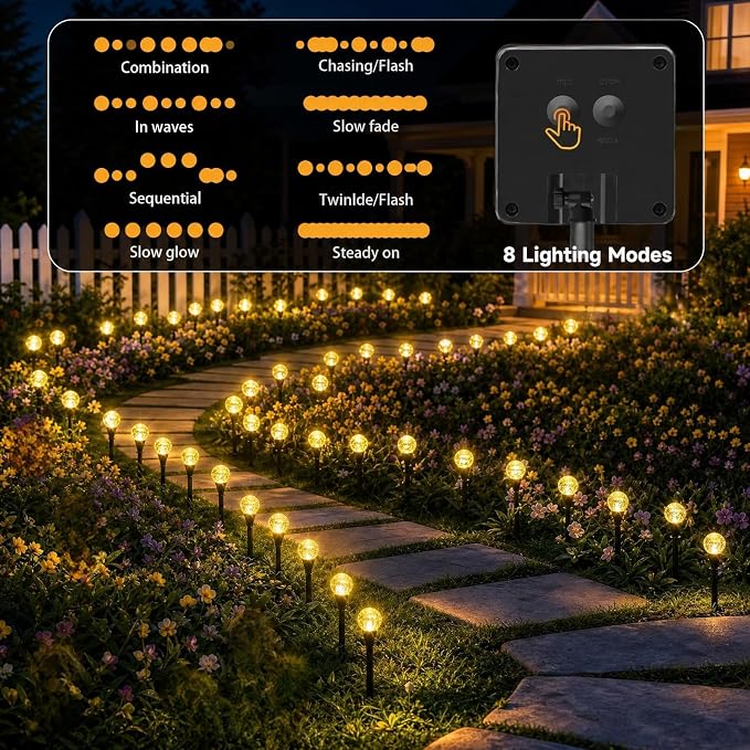 SyouHome Solar Garden Lights Outdoor, 60 LEDs 43FT Solar Pathway Lights | 2 Pack/8 Lighting Modes/Waterproof Garden Decor for Yard Patio Walkway Driveway Pathway (Warm White)