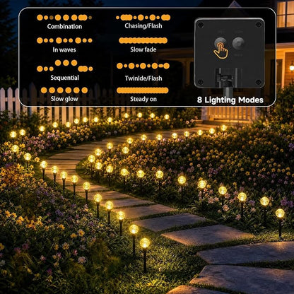 SyouHome Solar Garden Lights Outdoor, 60 LEDs 43FT Solar Pathway Lights | 2 Pack/8 Lighting Modes/Waterproof Garden Decor for Yard Patio Walkway Driveway Pathway (Warm White)
