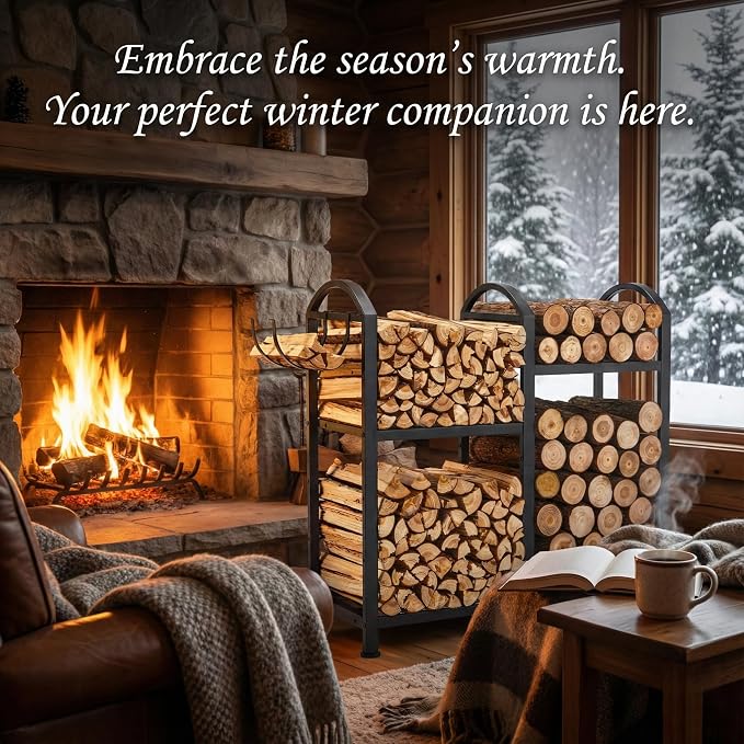 Firewood Rack Indoor Outdoor With Hooks, 31inch Firewood Rack, 2-Tier log holders for firewood outdoor, Fireplace Wood holder Indoor, Adjustable Small Fire Wood Storage