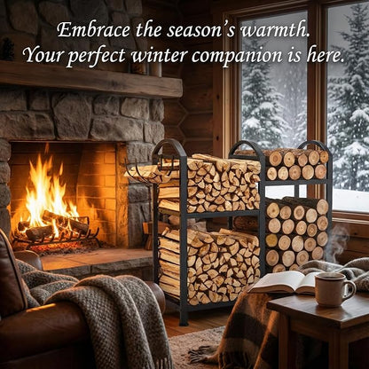 Firewood Rack Indoor Outdoor With Hooks, 31inch Firewood Rack, 2-Tier log holders for firewood outdoor, Fireplace Wood holder Indoor, Adjustable Small Fire Wood Storage