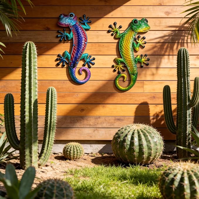 HONGLAND Lizard Metal Wall Art-15 Inch Gecko Wall Decor Hanging Glass Sculpture, 2 Pack Yard Decorations Outdoor for Garden Fence Home