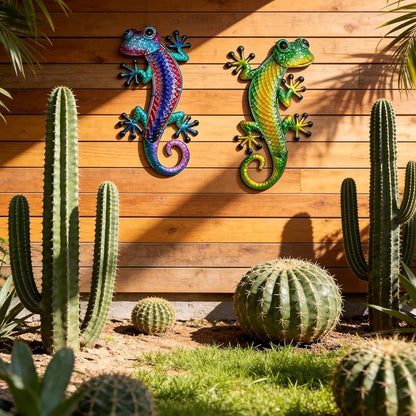 HONGLAND Lizard Metal Wall Art-15 Inch Gecko Wall Decor Hanging Glass Sculpture, 2 Pack Yard Decorations Outdoor for Garden Fence Home