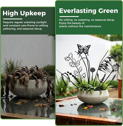 Decorative Metal Flowers for Outside, Rustic Metal Garden Stakes for Potted Plants, Metal Plants Outdoor Decor Vintage Rust Finish, Gift-Boxed Nature Meadow Garden Decor (Black_Butterfly Meadow Set)