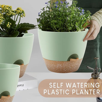 YNNICO Plant Pots 10/9/8/7.5/7 inch, Self Watering Planters with Drainage Holes & Saucers for Indoor and Outdoor Plants (Green)