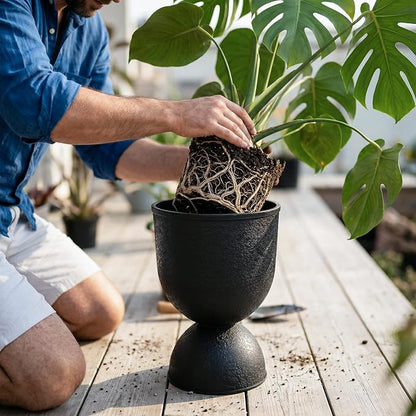 KOL Planters Flower Pots, Plastic Urn Planters for Indoor Outdoor Plants, Black Pedestal Planter Pots 2 Pack, 15 Inch Tall Decorative Planters with Drainage Holes & Plugs for Front Porch Patio Garden