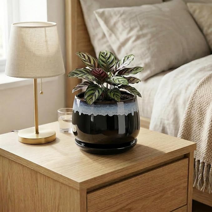 6 Inch Plant Pot - Ceramic Planters for Indoor Plants, Decorative Planter with Drainage Hole and Saucer, Round Flower Pots, Office Patio Decor, Gifts for Gardeners Woman, Black-Blue