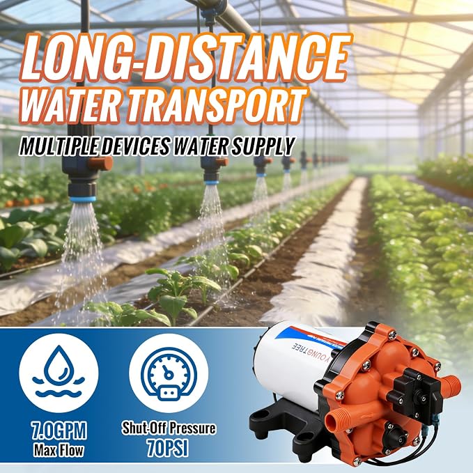YOUNGTREE 55-Series 110V AC Fresh Water Diaphragm Pump 7GPM 70PSI 110volt 5-Chamber Water Pressure Washdown Pump On Demand with Pressure Switch for Irrigating, Home, Sprinkler, RV, Marine