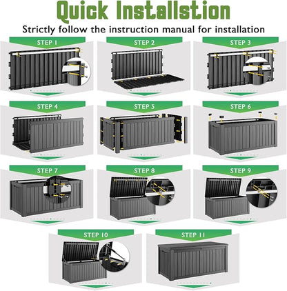 Outdoor Storage Box, 150 Gallon Deck Box with Lockable Lid, Waterproof Resin Storage Bin for Cushions, Garden Tools, Patio Furniture, Black