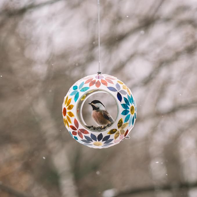 Backyard Expressions Hanging Glass Bird Feeder - Multicolor - Fly Through Bird Feeders for Outside, Mosaic Bird Feeder, Round Shape Wild Birdfeeder