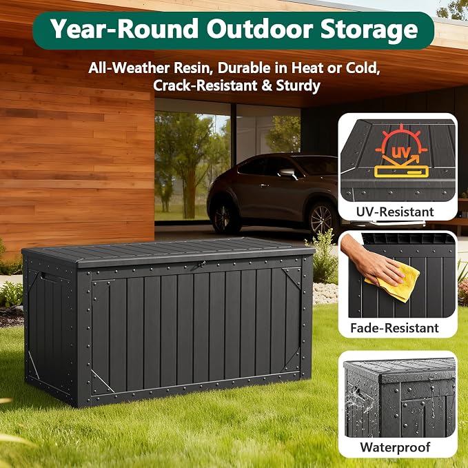 100 Gallon Outdoor Storage Box, Waterproof Resin Deck Box Organizer for Patio Cushion Storage, Lockable Outside Container for Garden Tools