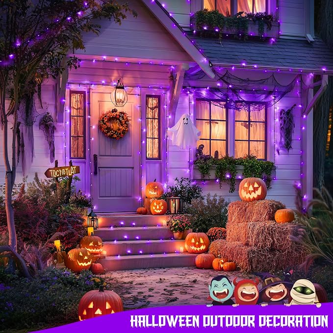 JMEXSUSS 2 Pack Solar Halloween Lights, Total 66 FT 200 LED, Purple | Outdoor Waterproof, 8 Modes Solar String Lights for Outside Patio Christmas Tree Garden Yard Halloween Decorations