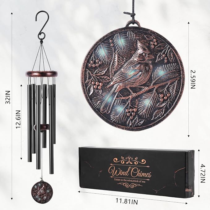 Cardinal Wind Chimes for Outside – Vintage Copper 3D Embossed Cardinal Wind Catcher, Deep Tone Wind Chime Outdoor Clearance, Outdoor Bird Hanging Décor, Gifts with Card and Box for Women Men