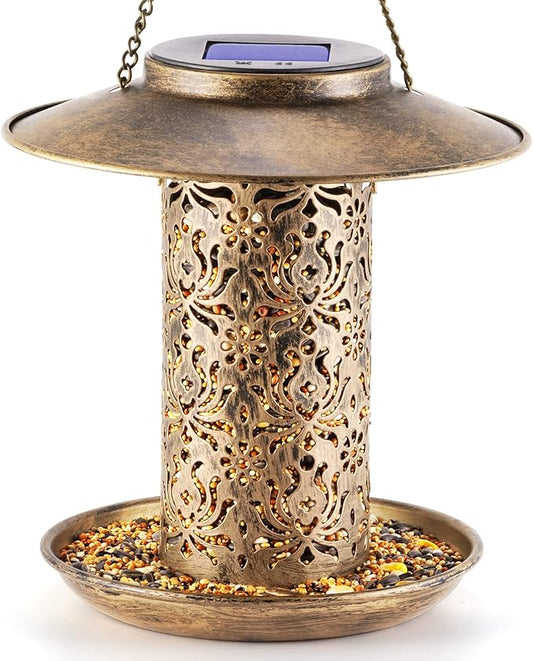 SWEETFULL Solar Bird Feeder for Outdoors Hanging, Metal Wild Bird Feeder for Cardinals Solar Garden Lantern with S Hook as Gift Ideas for Bird Lovers (2LBs Heavy Duty Weather Resistance birdfeeders)