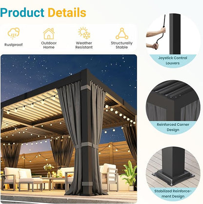 12' x 20' Louvered Pergola, Outdoor Pergola with Curtains & Netting, Aluminum Frame Patio Pergola with Adjustable Louvers Roof & Gutter System, Hardtop Gazebo for Patio, Deck, Garden, Yard, Dark Gray