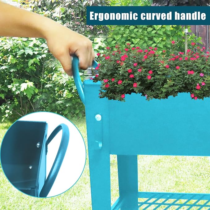 Raised Planter Box Beds with Wheels Legs, Elevated Garden Bed for Indoor Outdoor, Large Metal Mobile Planter Box with Bottom Shelf for Storing Tools for Vegetables Flower Herb Patio(Blue)